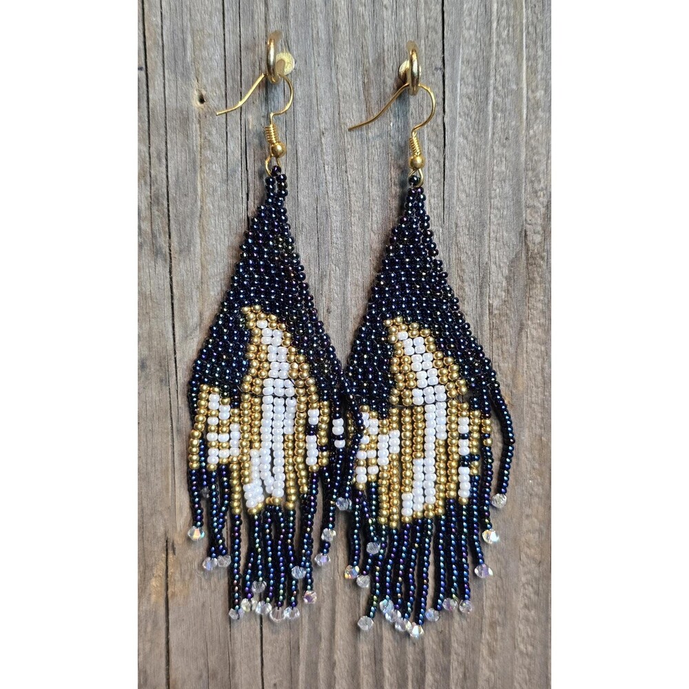 Handmade Beaded Geo Drop Dangle Earrings, Blue Statement Earrings, 4.5 Inch Boho
